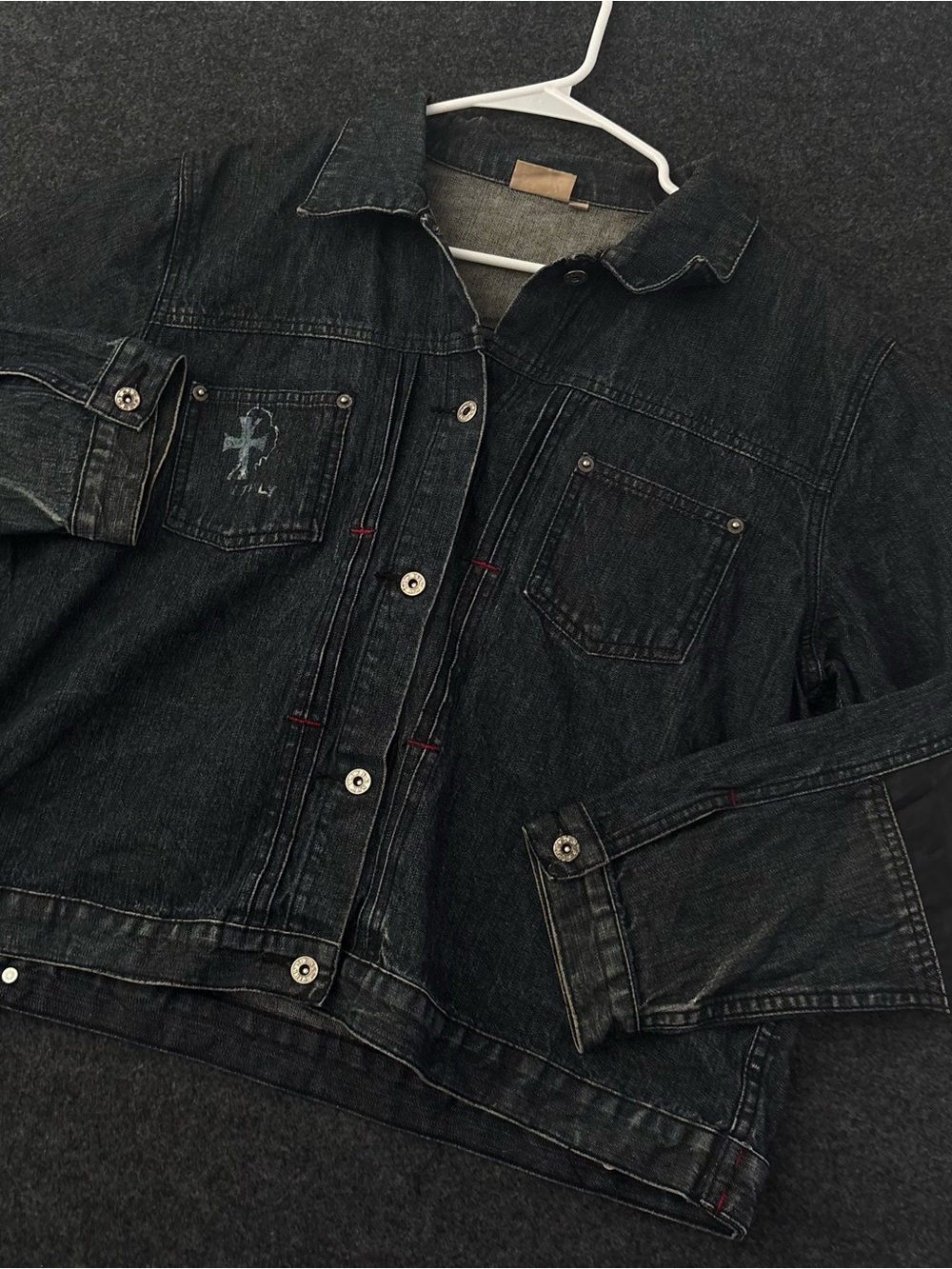 Gina Benotti Women's XL Black Denim Trucker Jacket Cropped Cross Y2K Distressed